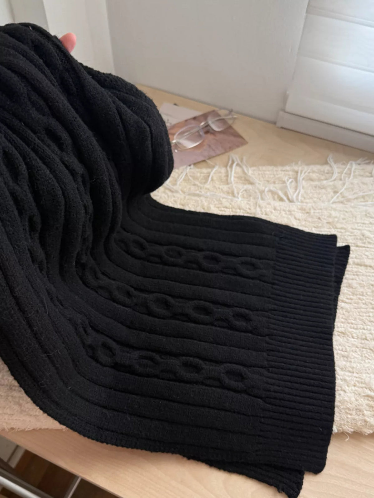 Textured Knit Winter Scarf - Black - View 4