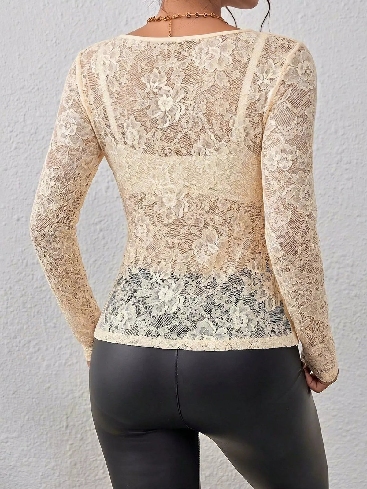 Lace V-Neck Long Sleeve Top - Apricot - View 35