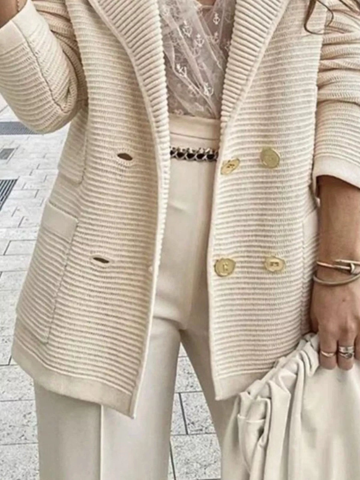 Texture Knit Double-Breasted Blazer - Apricot - View 2
