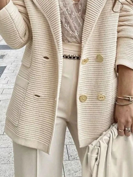 Texture Knit Double-Breasted Blazer - Apricot - View 2