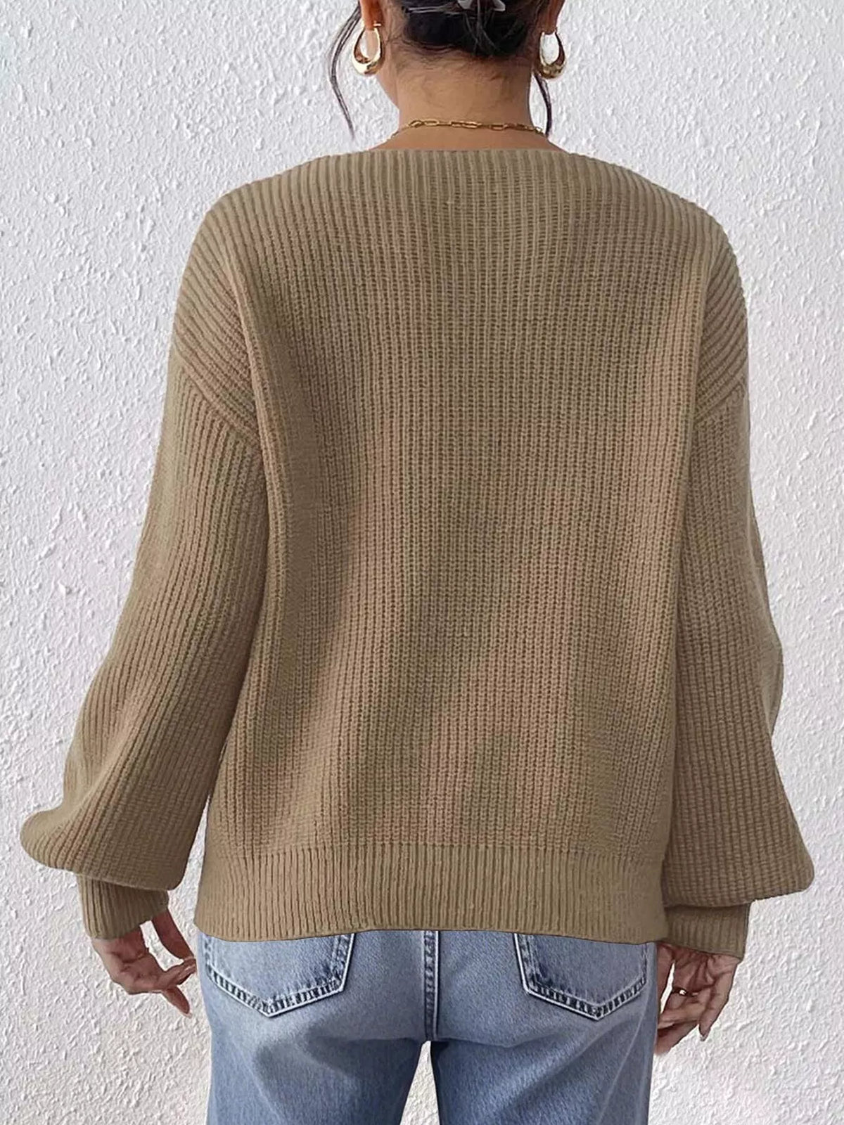 Bow-Tie Sleeve V-Neck Sweater - Khaki - View 5
