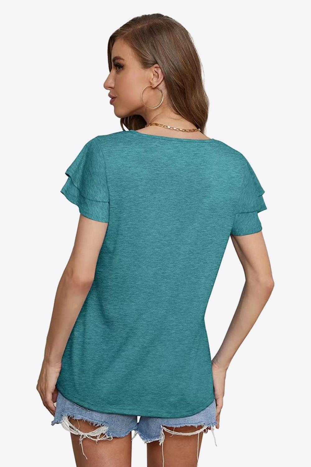 Tie-Neck Layered Flutter Sleeve Blouse - Air Force Blue - View 18