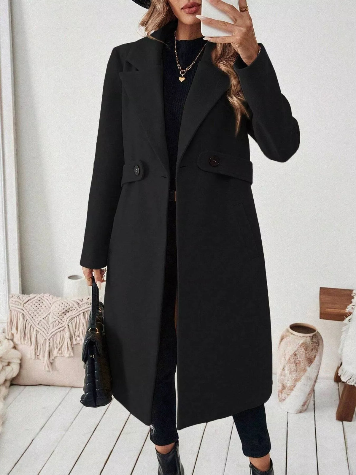 Lapel Collar Longline Coat - Black - View 2