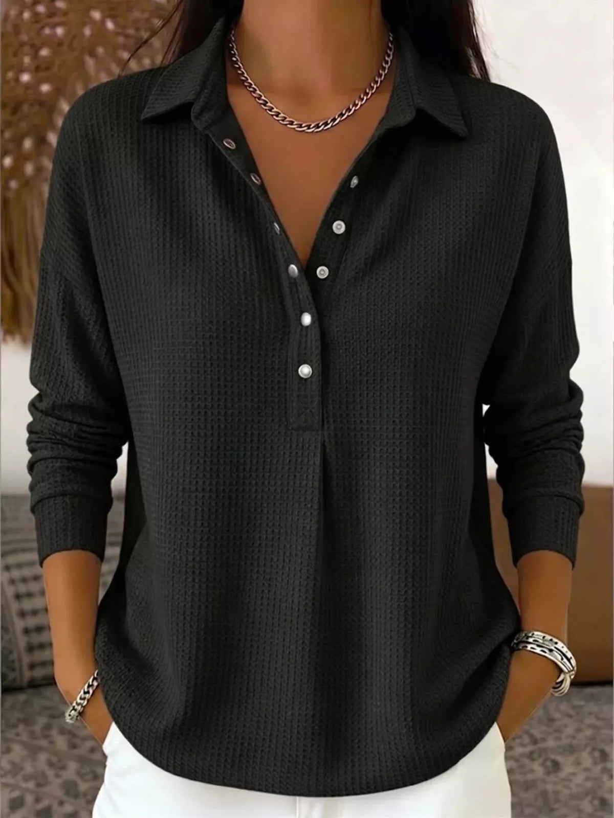 Waffle Knit Snap Down Blouse - Black - View 3