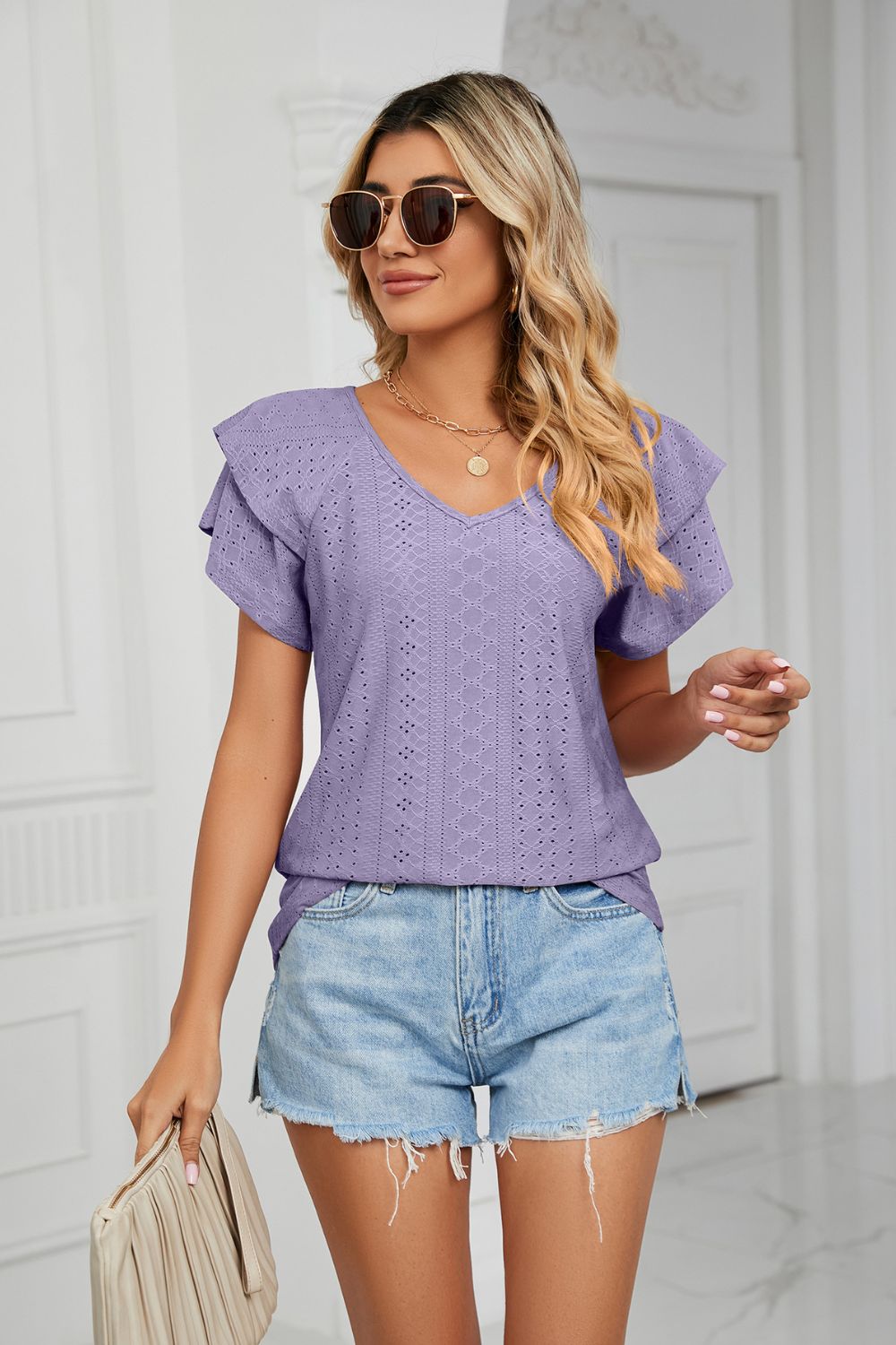 Eyelet Layered Flutter Sleeve V-Neck Knit Top - Lavender - View 1