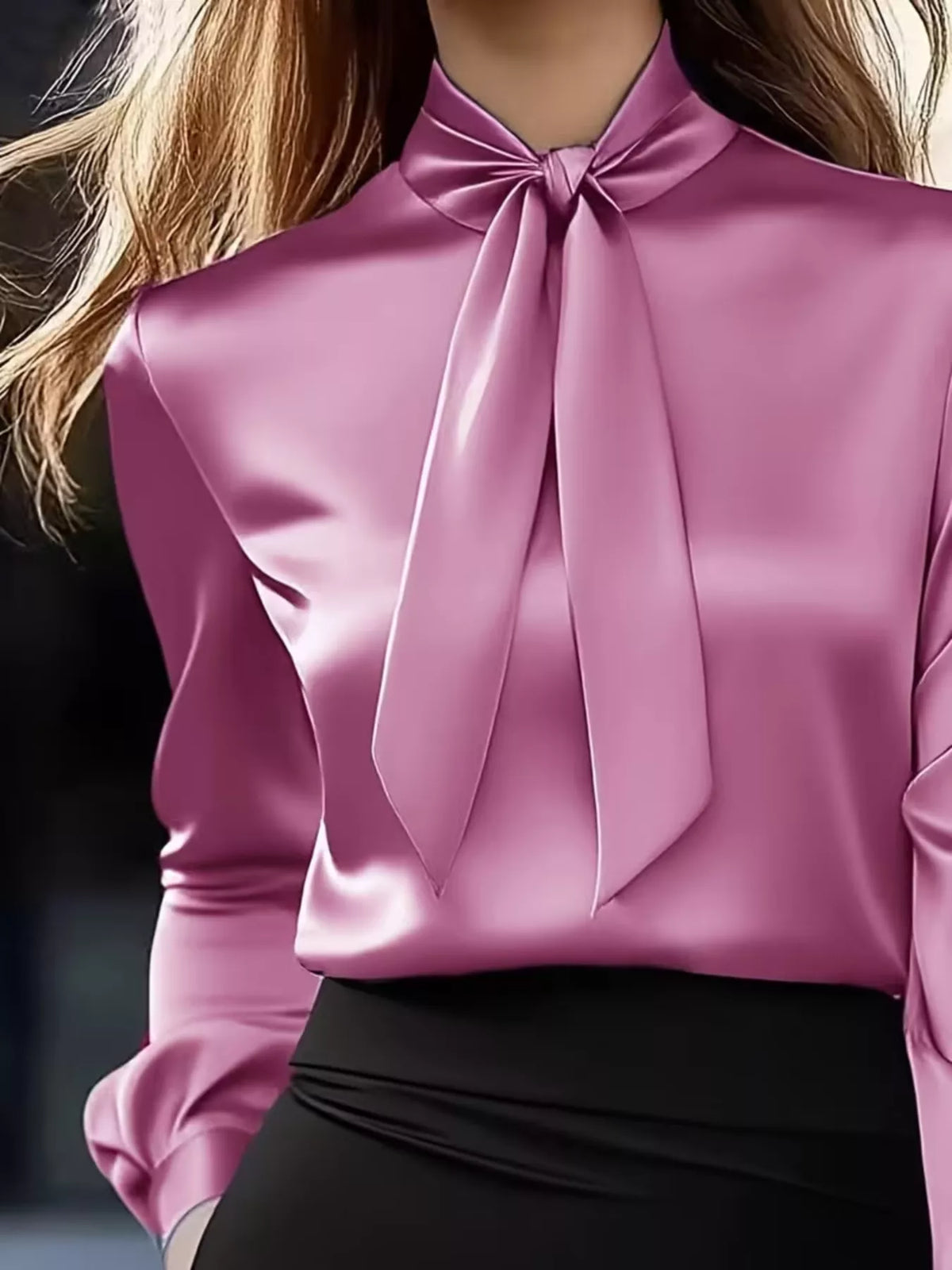 Satin Bow Tie Long Sleeve Blouse - Rose Pink - View 11