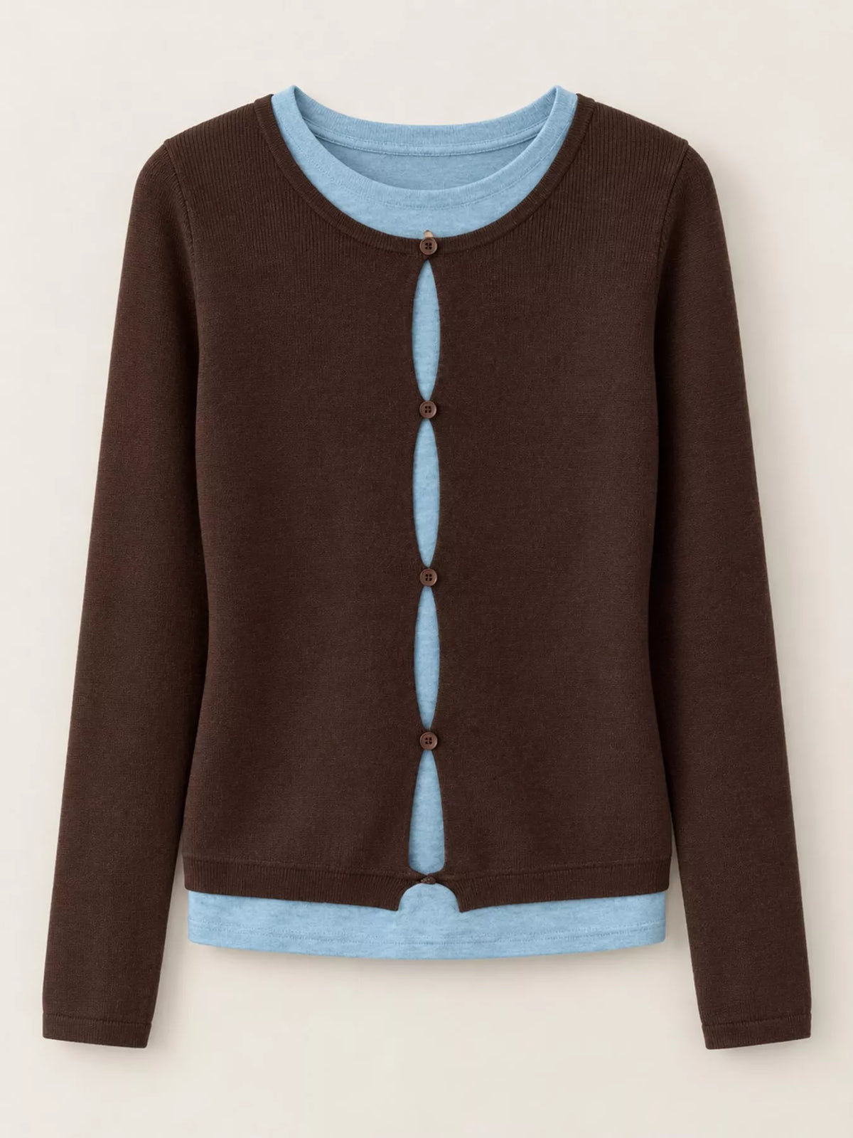 Layered Look Long Sleeve Knit Top - Coffee - View 5