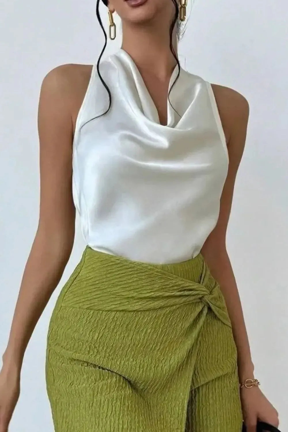 Satin Cowl Neck Sleeveless Blouse - White - View 1