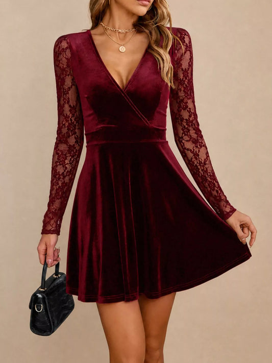 Velvet Lace Long Sleeve Mini Dress - All Colors - View 1