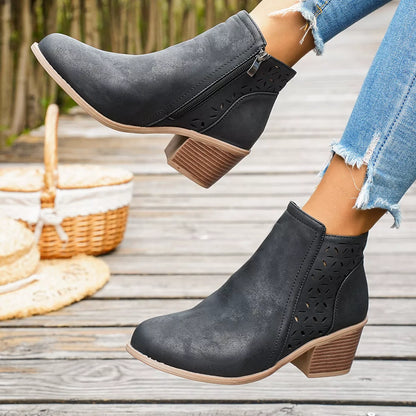 Round Toe Block Heels Boots - Black - View 1