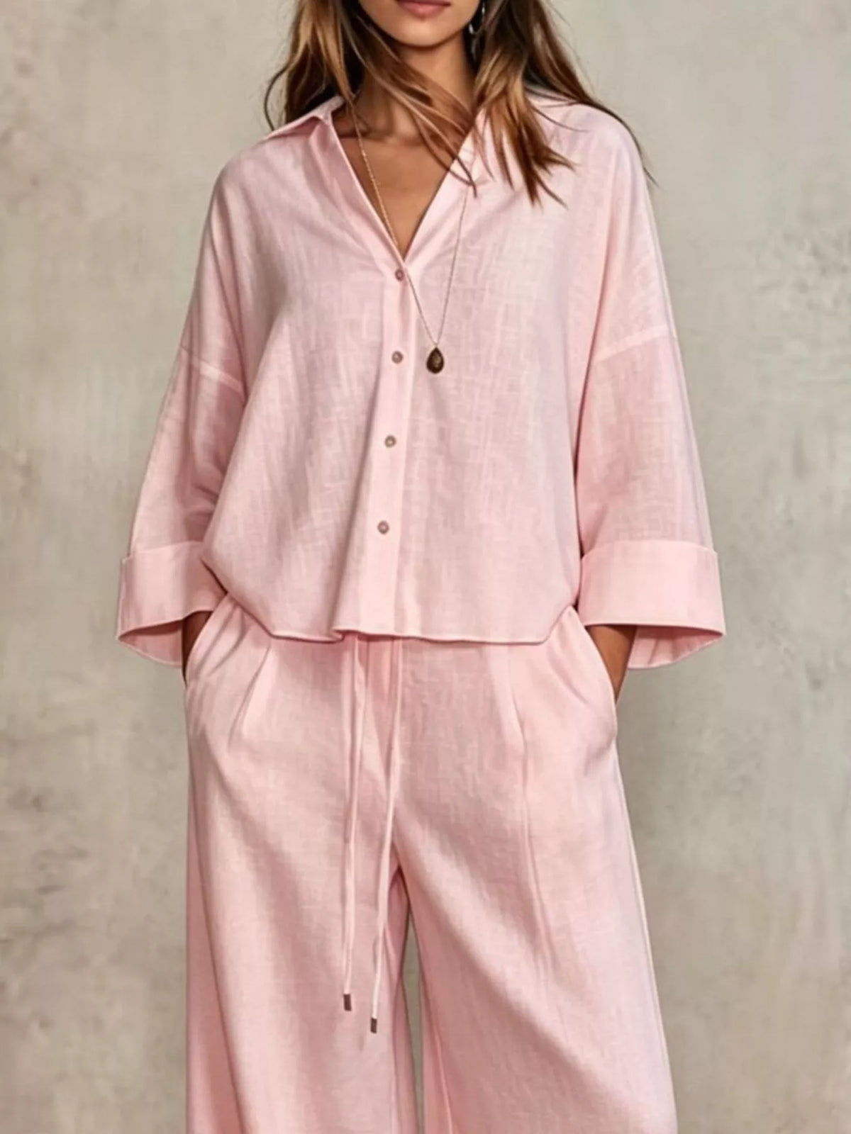 Full Size Button-Down Shirt and Wide-Leg Pants Set Plus Size - Pink - View 17