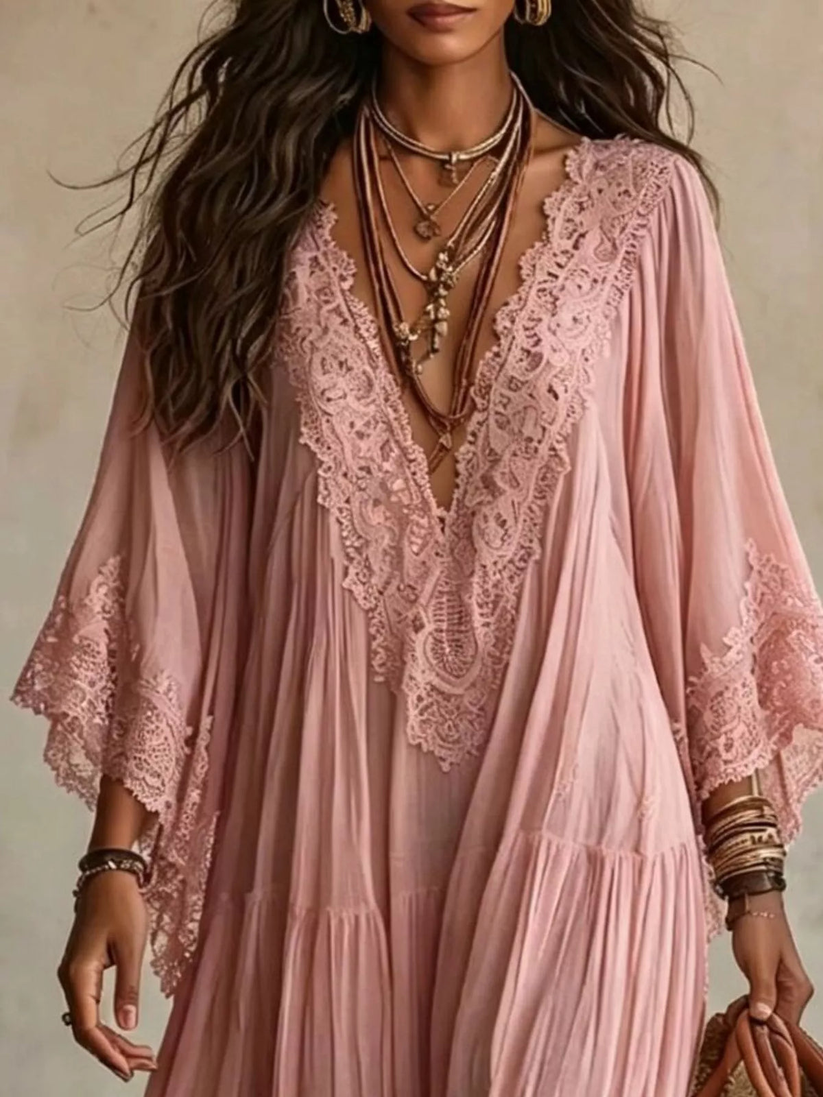 Lace Trim V-Neck Maxi Dress - Dusty Pink - View 2