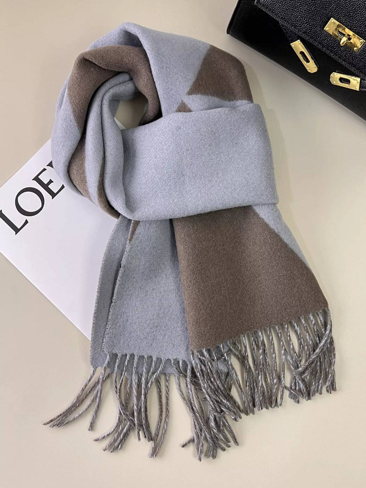 Fringe Color Block Scarf - Blue Coffee Color - View 6