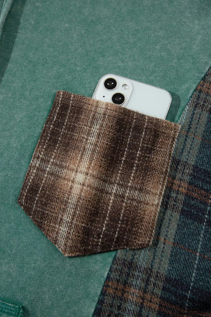 Plaid Kangaroo Pocket Hoodie - Sage - View 7
