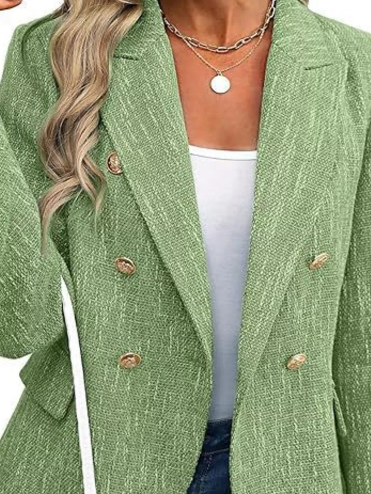 Double-Breasted Lapel Collar Blazer - Green - View 6