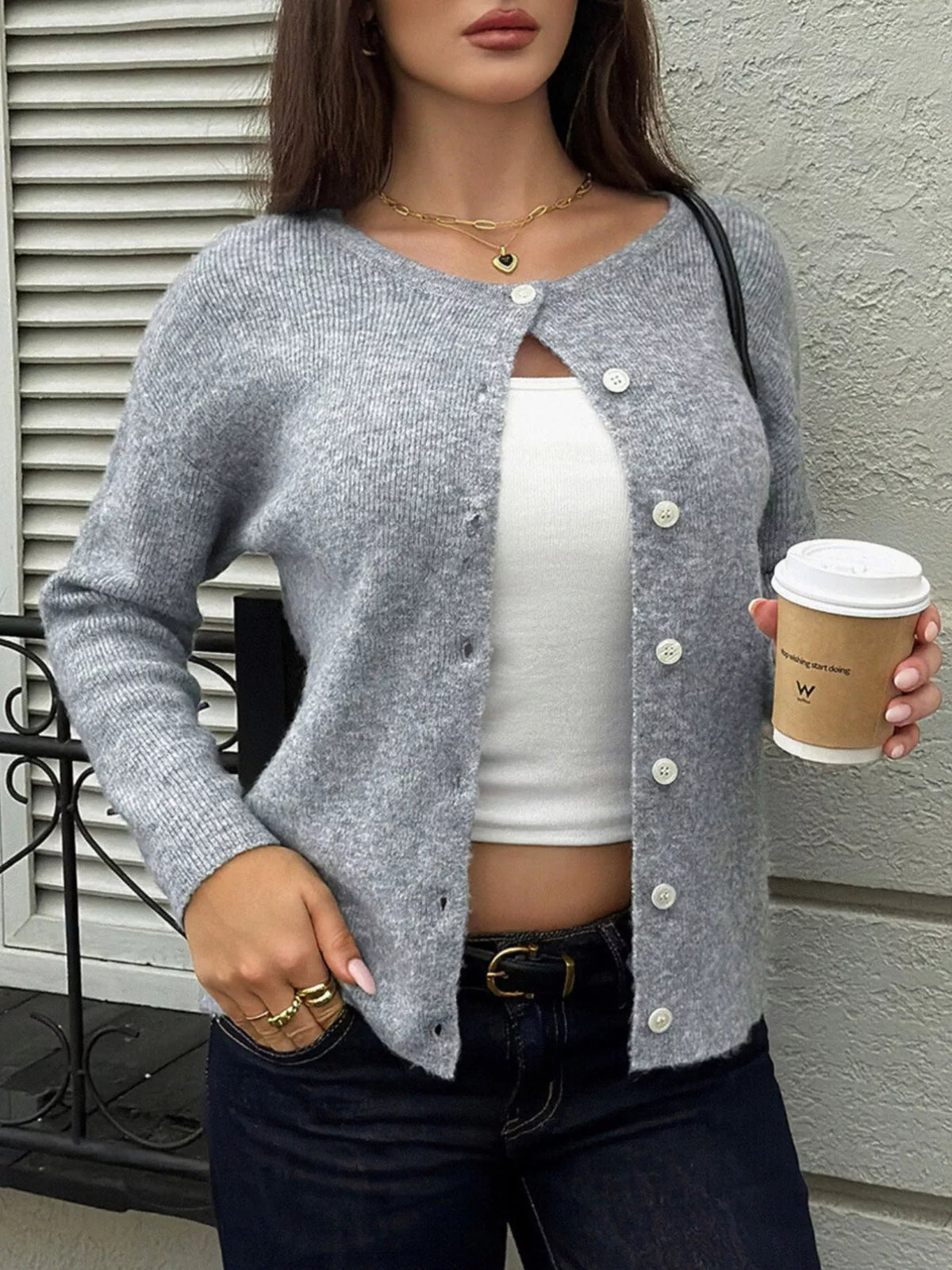 Ribbed Knit Button-Down Cardigan - Gray - View 3