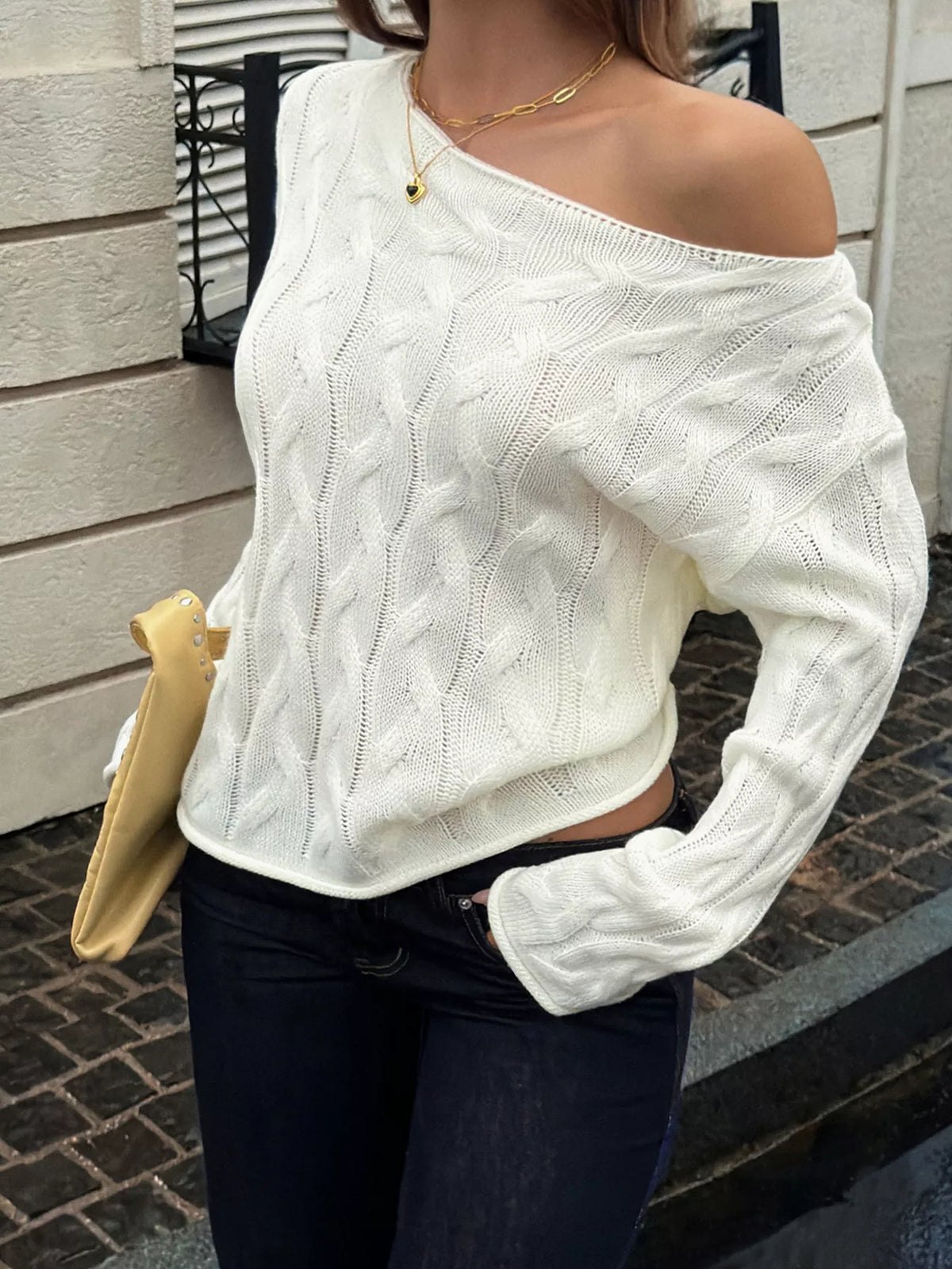 Cable Knit Boat Neck Sweater - White - View 3