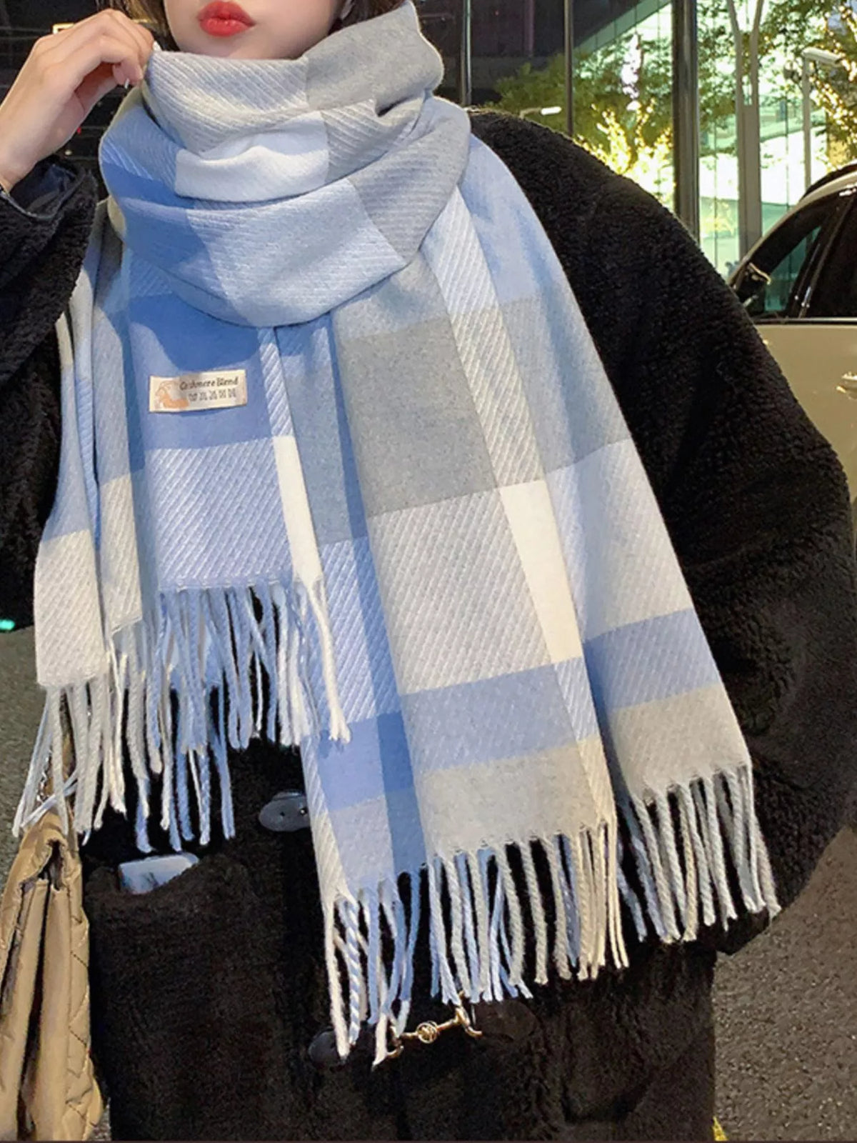 Fringe Plaid Scarf - Blue - View 4