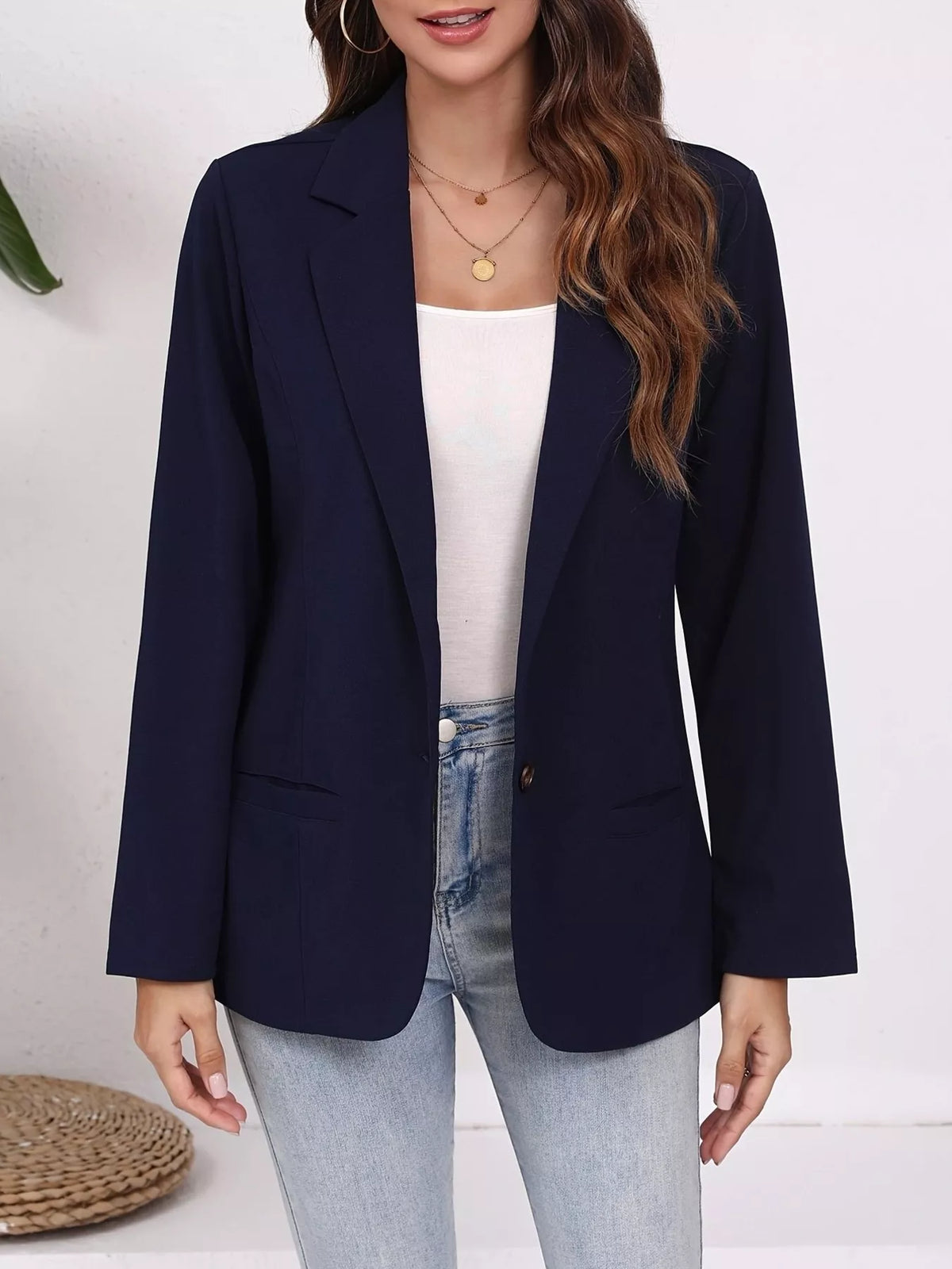 Plus Size Lapel Collar Single-Button Blazer - Navy Blue - View 10