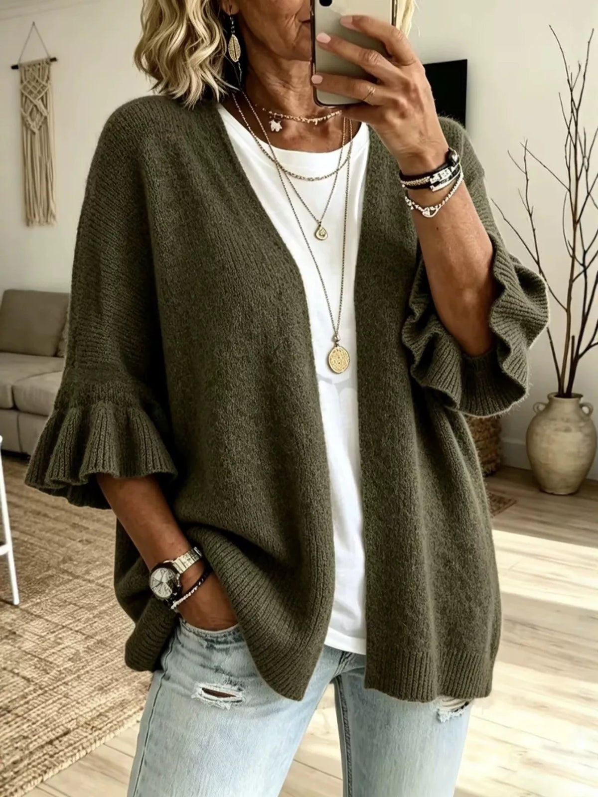 Full Size Ruffle Sleeve Open-Front Cardigan Plus Size - Army Green - View 8