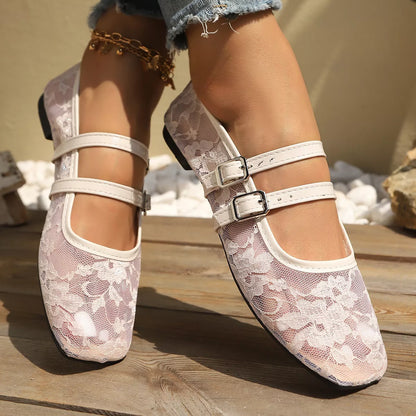 Square Toe Lace Slip-Ons - White - View 1