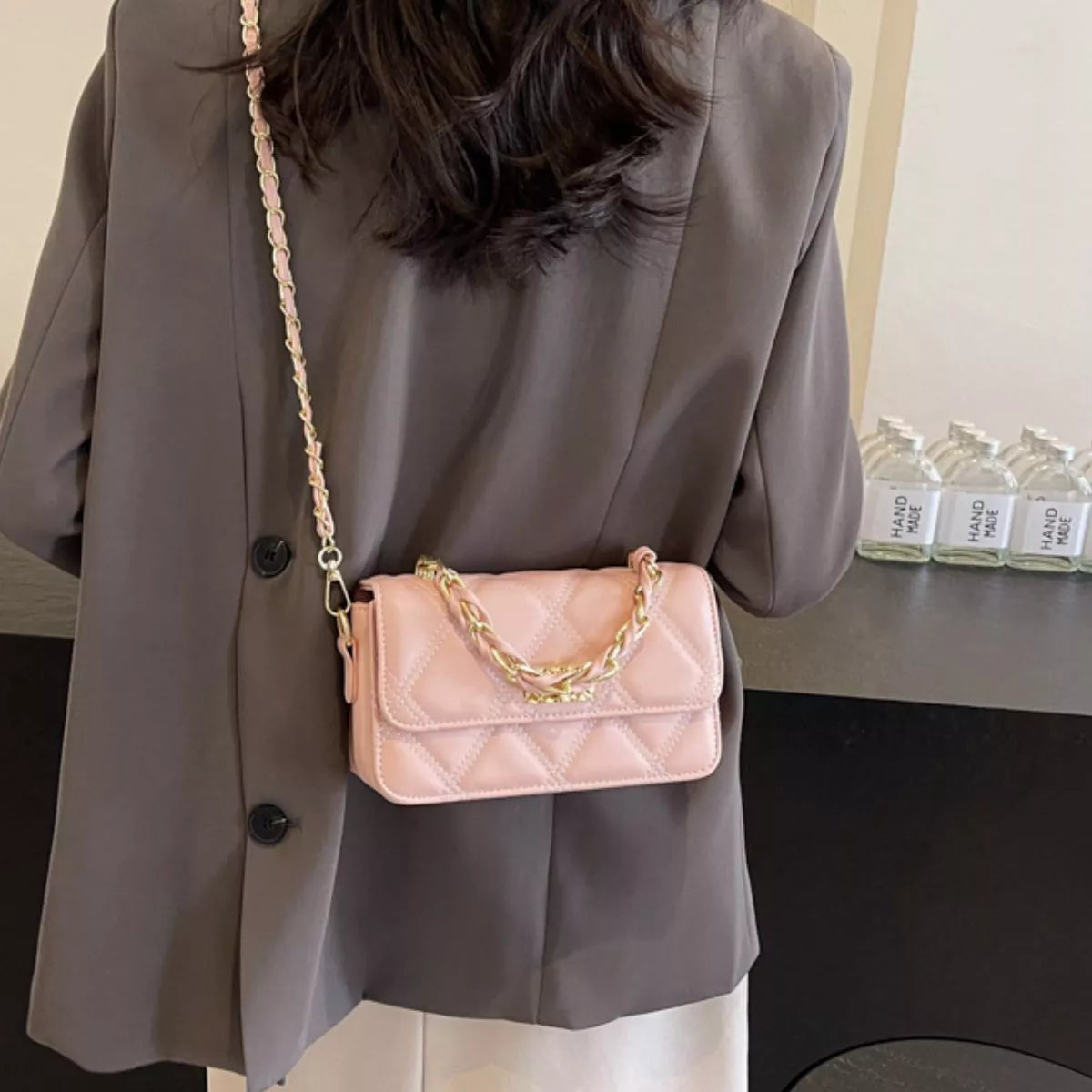 Quilted Chain Strap Crossbody Bag - Pink - View 6