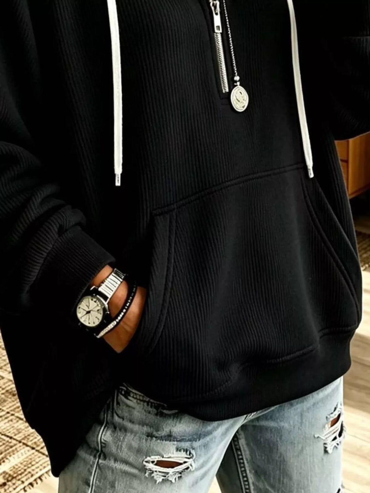 Ribbed Knit Quarter-Zip Hoodie with Kangaroo Pocket - Black - View 3