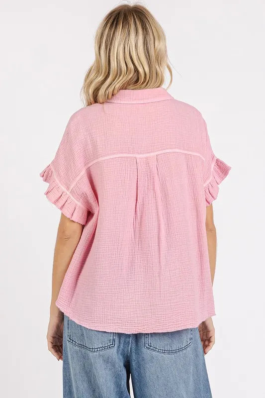Mittoshop Mineral Washed Button Down Flounce Sleeve Shirt - Blush Pink - View 4