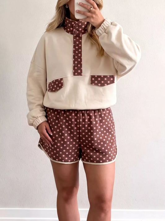 Polka Dot Contrast Baggy Pullover and Elastic Waist Shorts 2pcs Set - Beige - View 2