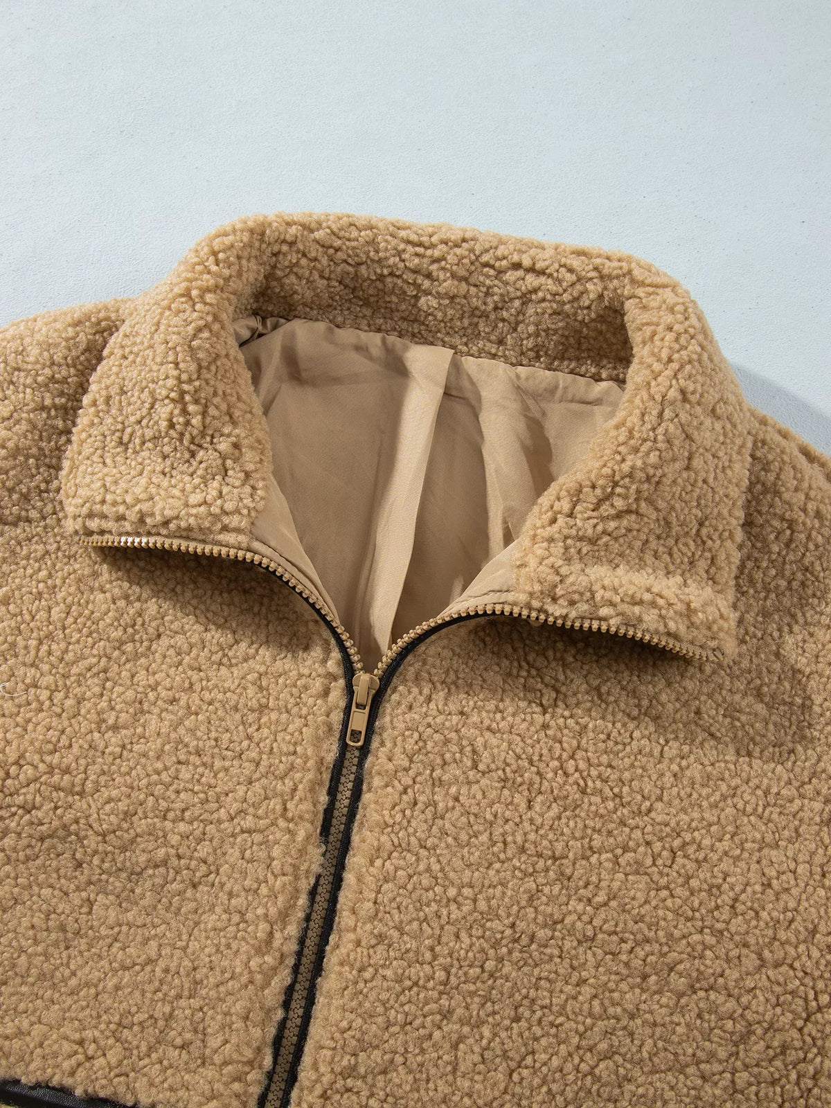 Drop Shoulder Collar Long Sleeve Fleece Regular Fit Jacket - Camel - View 4