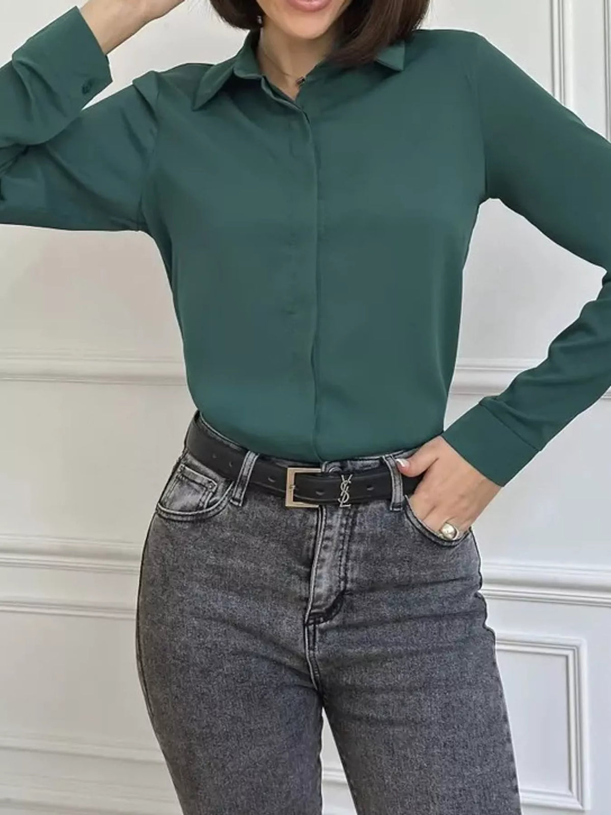 Button Up Long-Sleeve Shirt - Dark Green - View 71