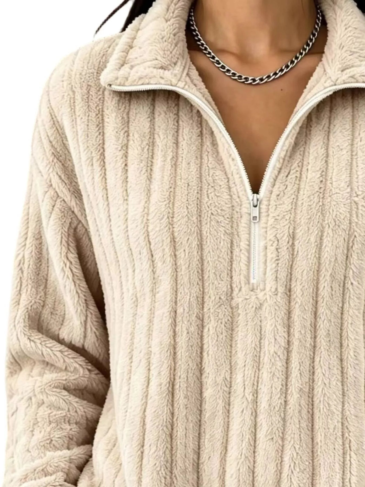 Quarter-Zip Dropped Shoulder Sweatshirt - Beige - View 2