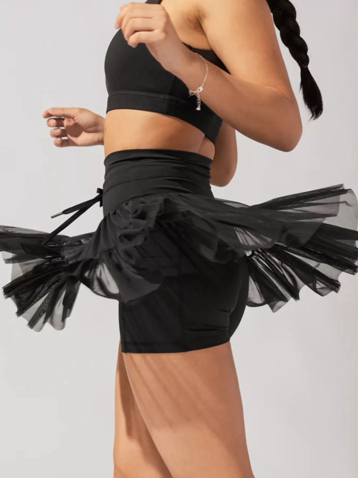 Tiered Skort with Drawstring - Black - View 6