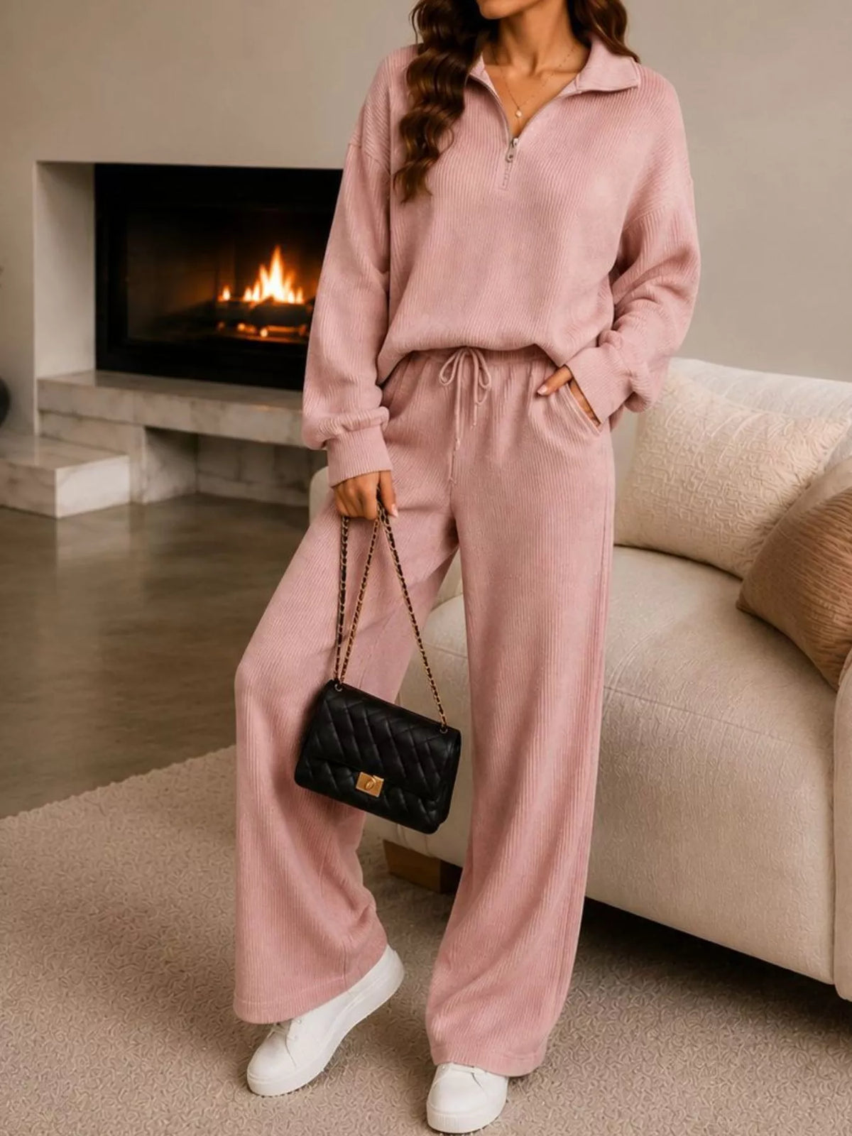 Ribbed Knit Quarter-Zip Top and Wide-Leg Pants Set - Dusty Pink - View 1