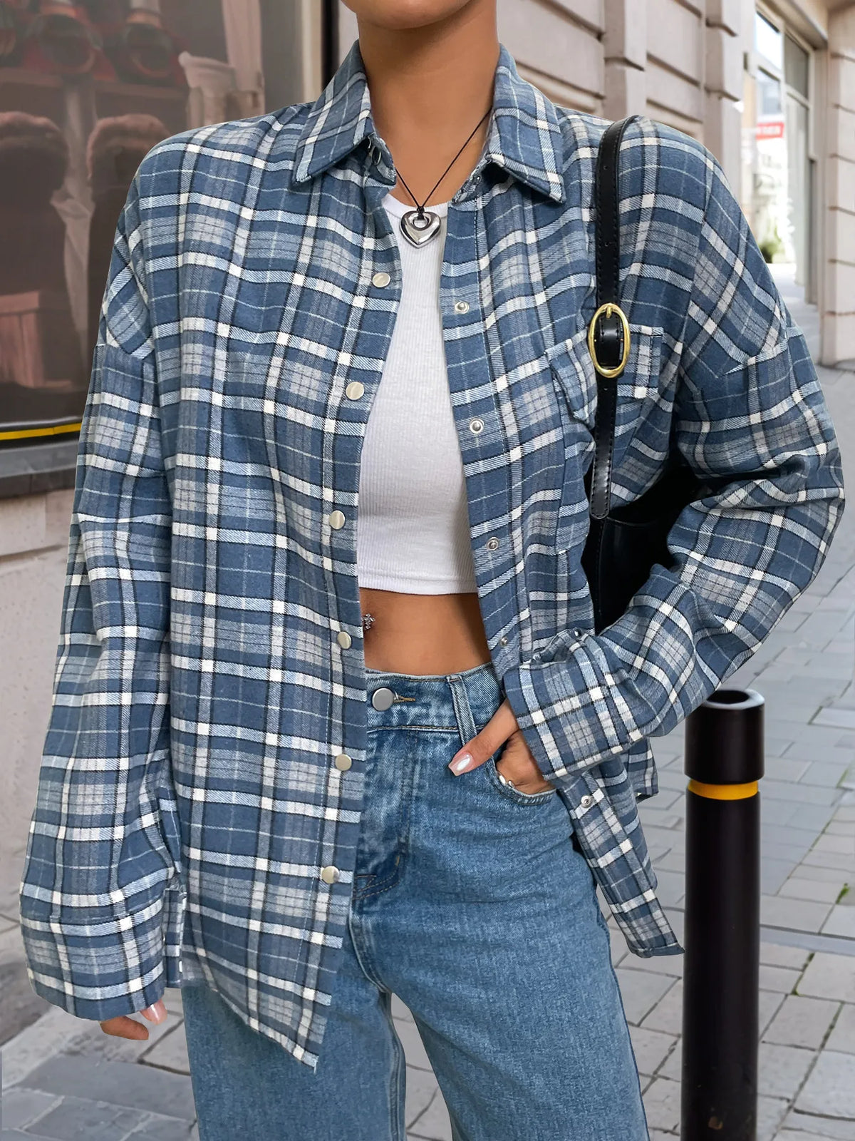 Plaid Button Up Long Sleeve Shirt - Blue - View 4