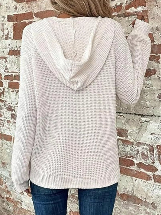 Full Size Waffle Knit Half-Button Hoodie Plus Size - White - View 2