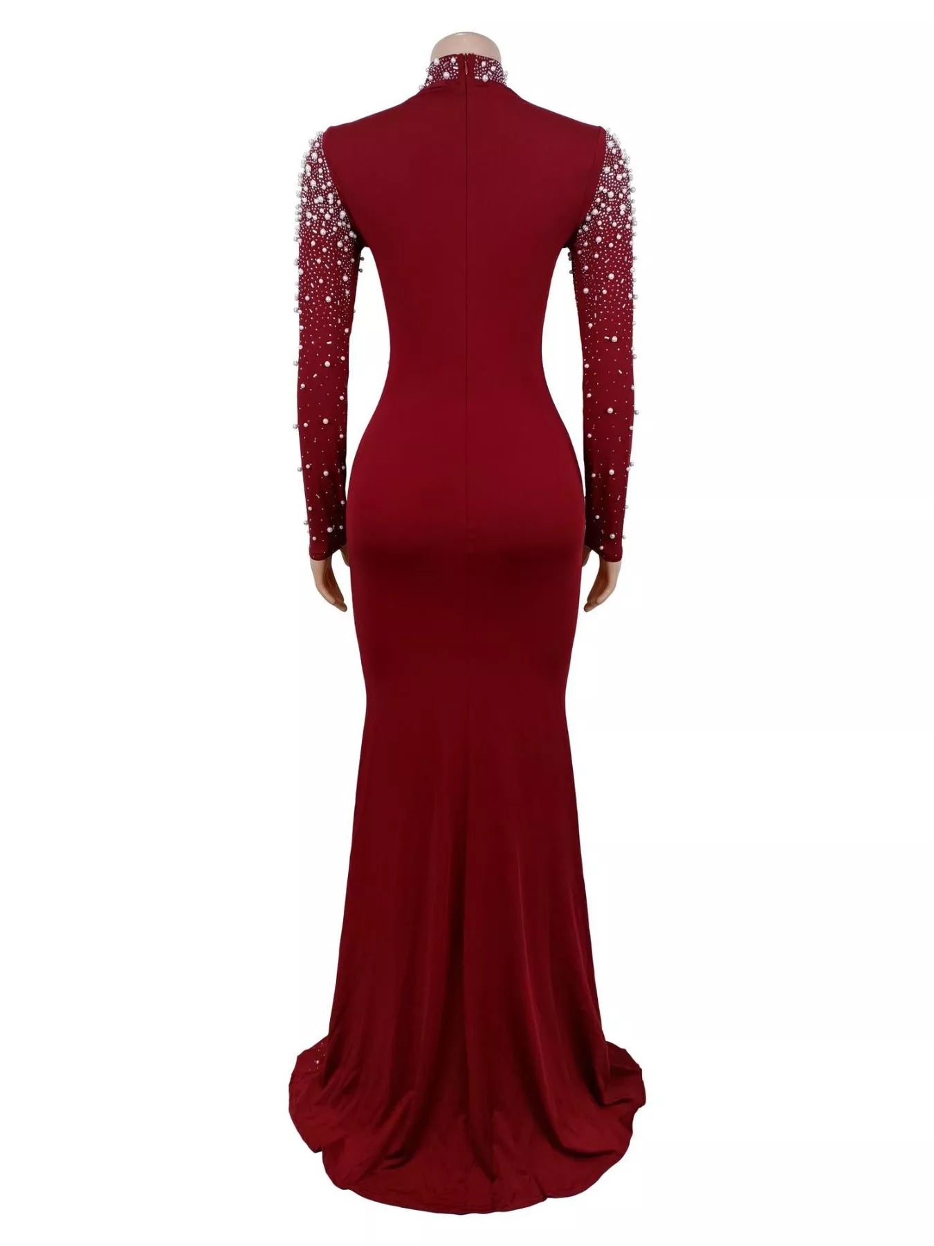 Rhinestone Long Sleeve Mermaid Maxi Dress - Burgundy - Rear Mannequin View