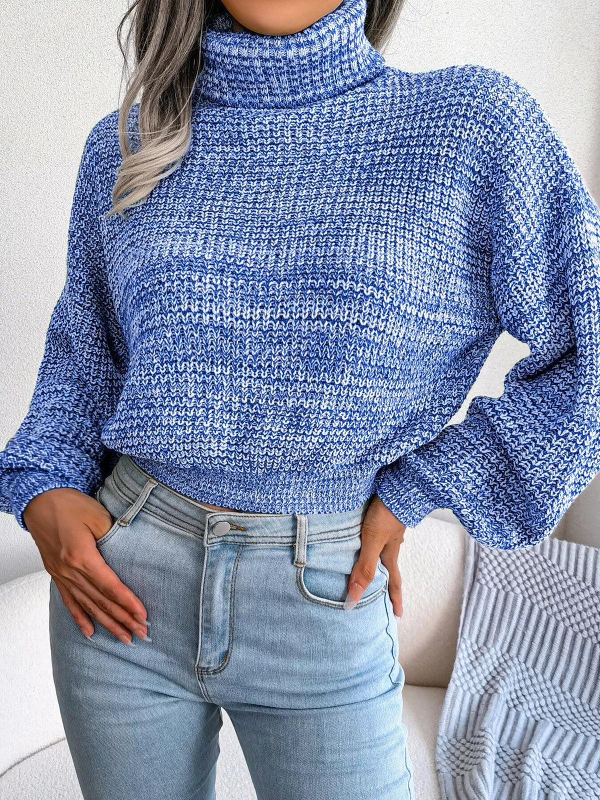 Turtleneck Dropped Shoulder Sweater - Light Blue - View 4