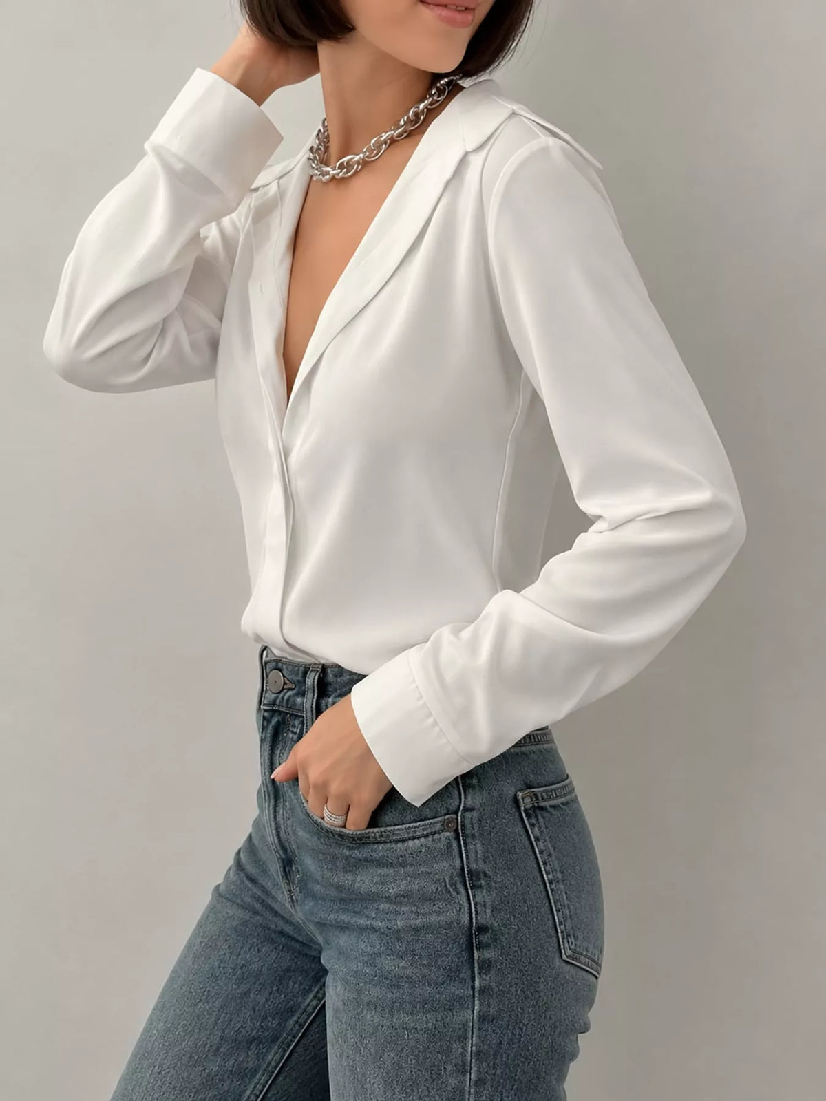 Button Up Long-Sleeve Shirt - White - View 19
