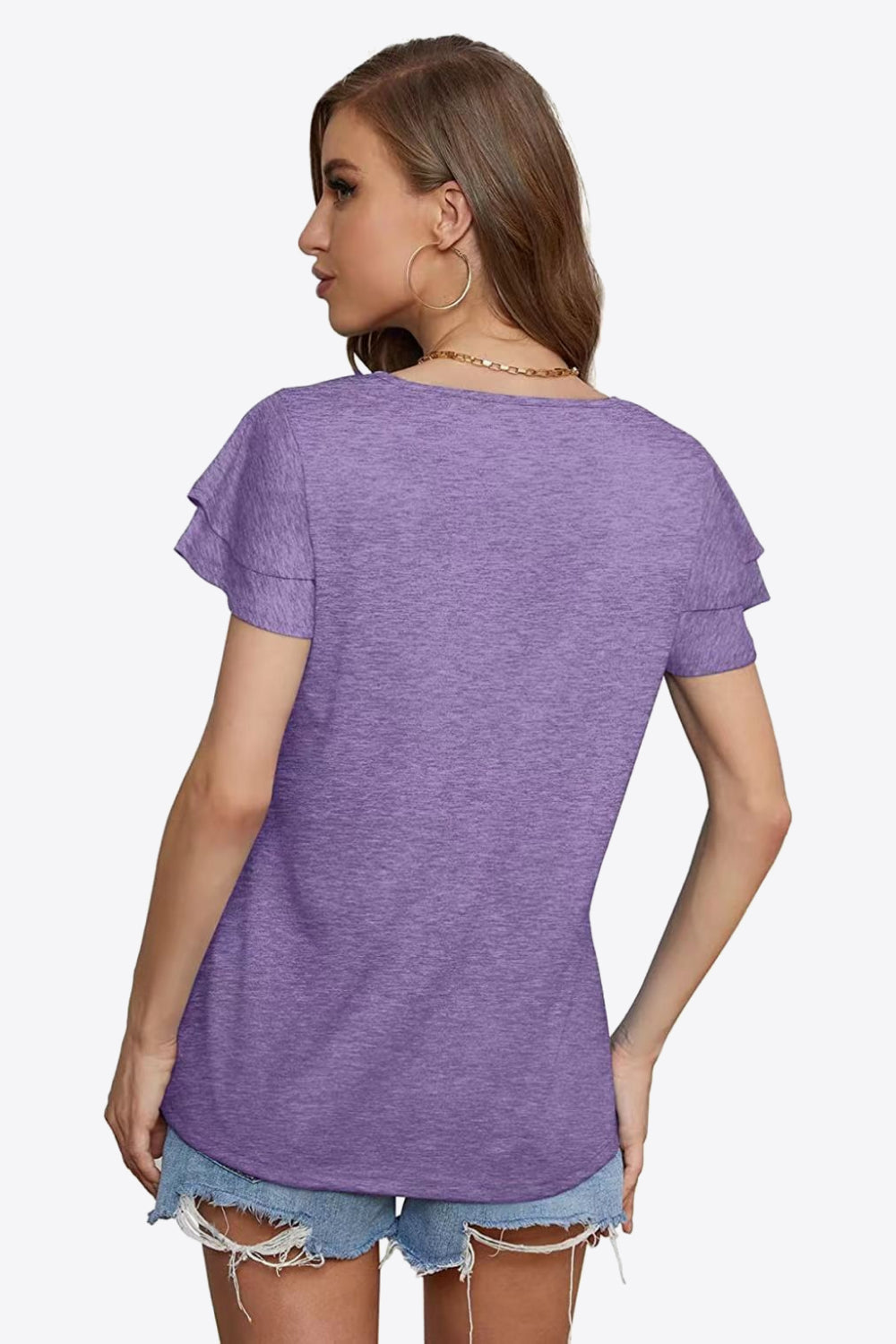 Tie-Neck Layered Flutter Sleeve Blouse - Dusty Purple - View 21