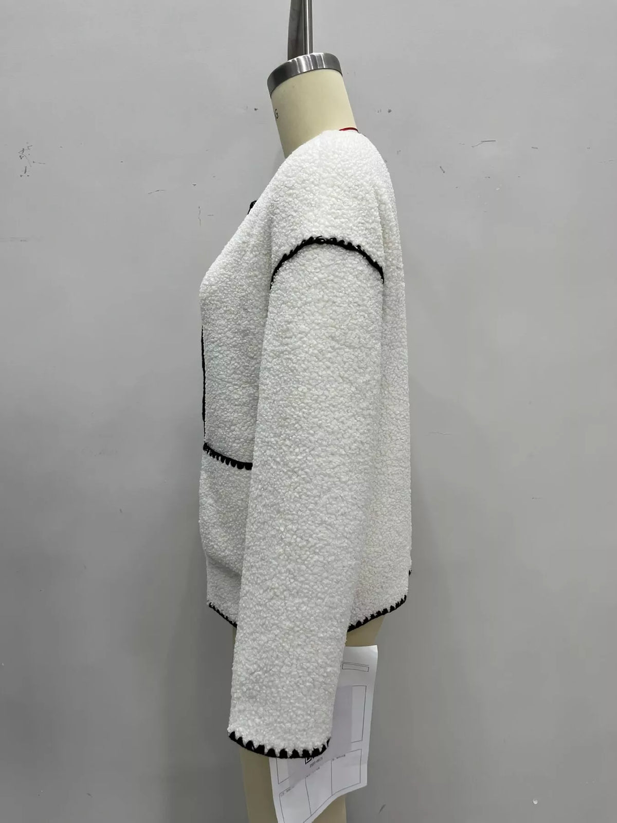 Faux Shearling Contrast Trim Button-Down Outerwear - White - View 5