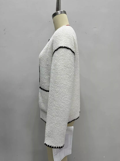 Faux Shearling Contrast Trim Button-Down Outerwear - White - View 5
