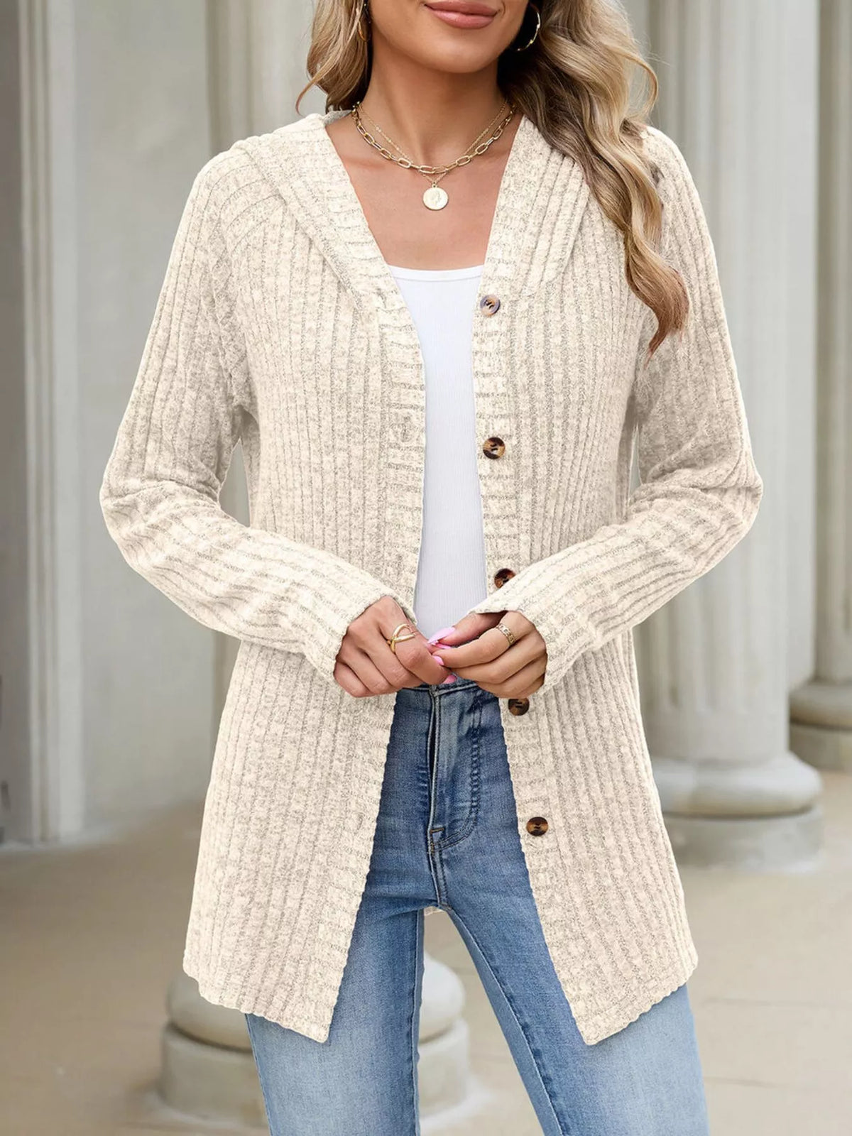 Ribbed Knit Hooded Button-Down Cardigan - Apricot Color - View 3
