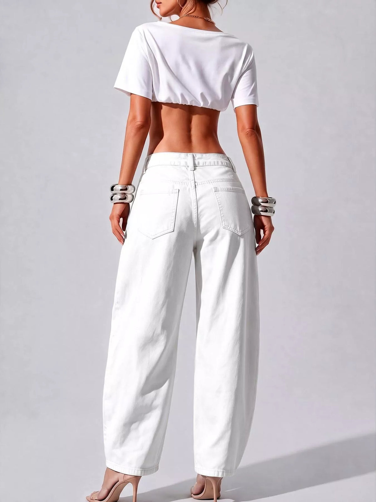 Decorative Button Wide Leg Jeans - White - View 16