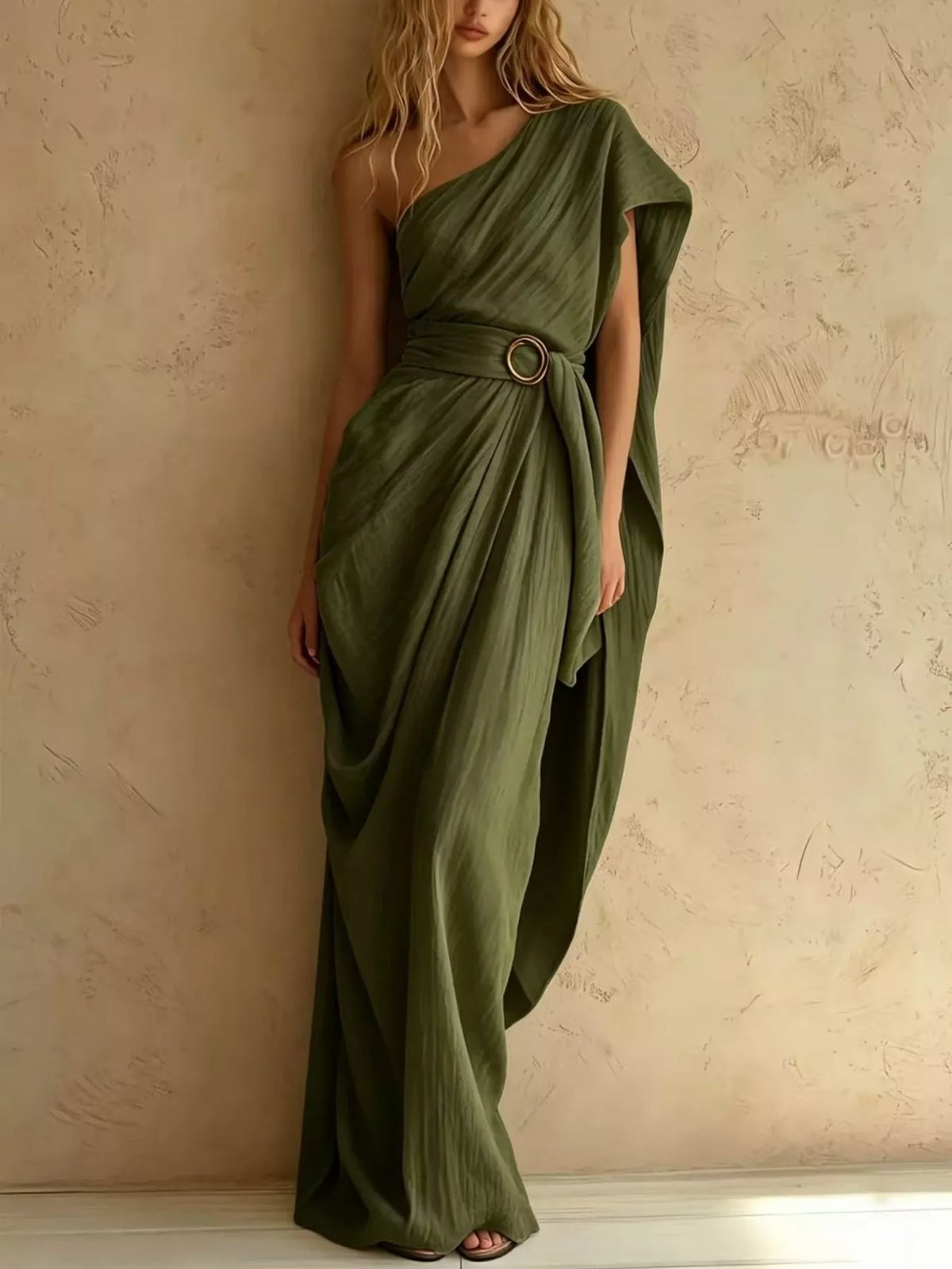 One-Shoulder Draped Maxi Dress with Waist Buckle - Army Green - View 1