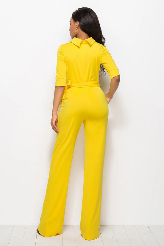 Mock Neck Tie-Waist Half Sleeve Jumpsuit - product photo 2
