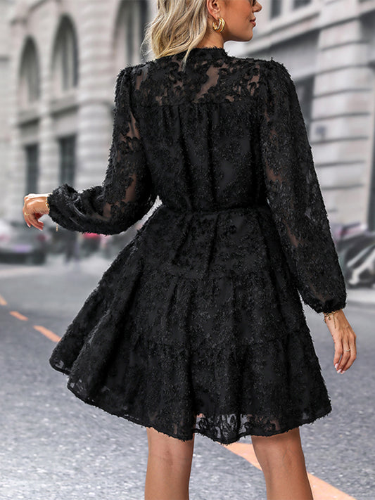 Perfee V-Neck Long Sleeve Buttoned Dress - Black - View 2