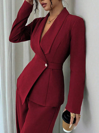 One Button Blazer and Pants Set - Red - View 4