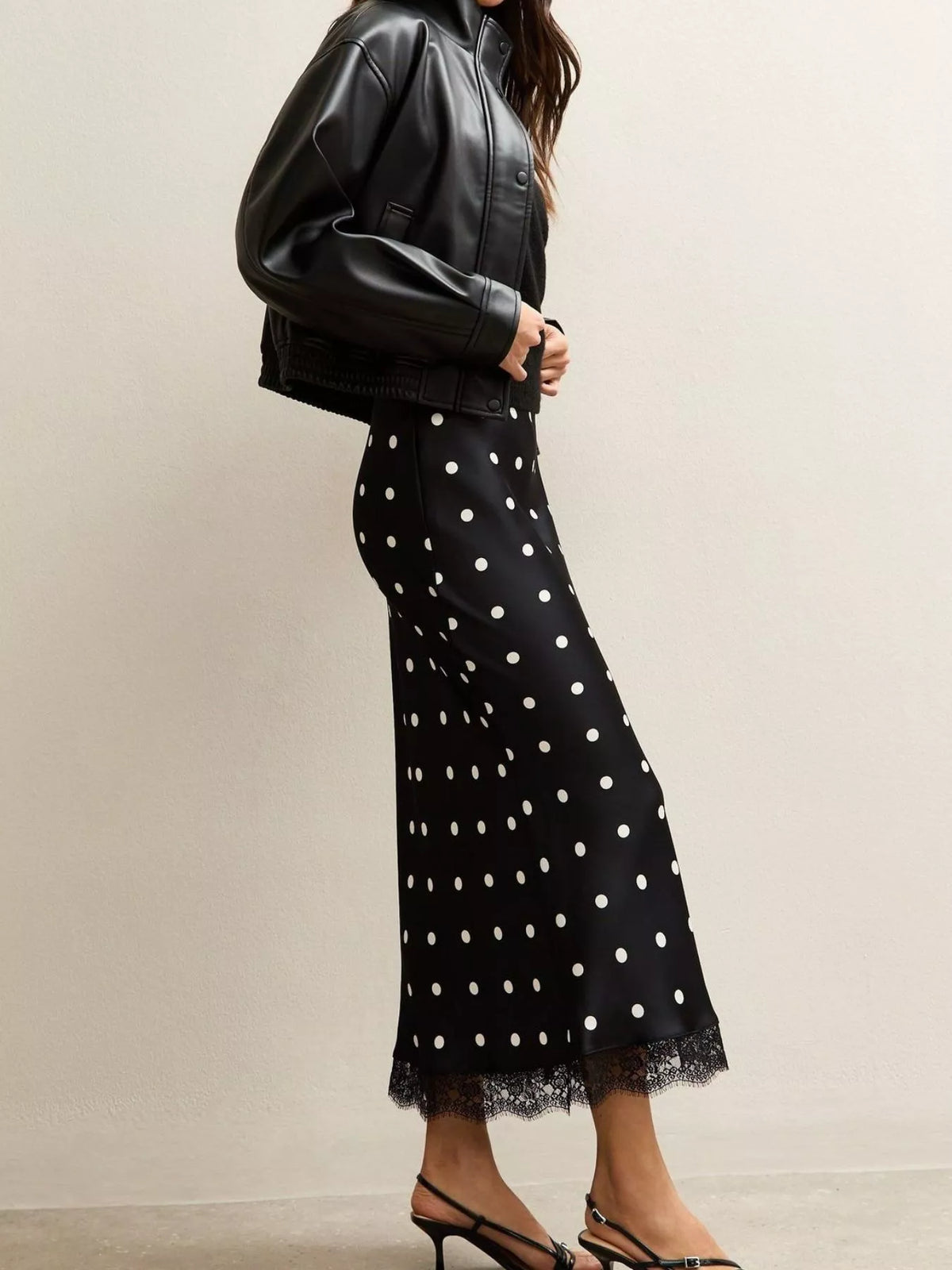 Polka Dot Midi Skirt with Lace Trim - Black - View 6