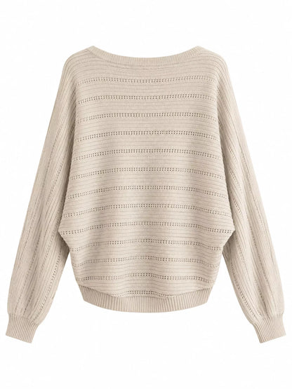 Openwork Boat Neck Sweater - Oatmeal - View 3